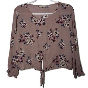 Active USA Floral Tie Front‎ Mauve Floral Tie Front Long Sleeve Blouse Large